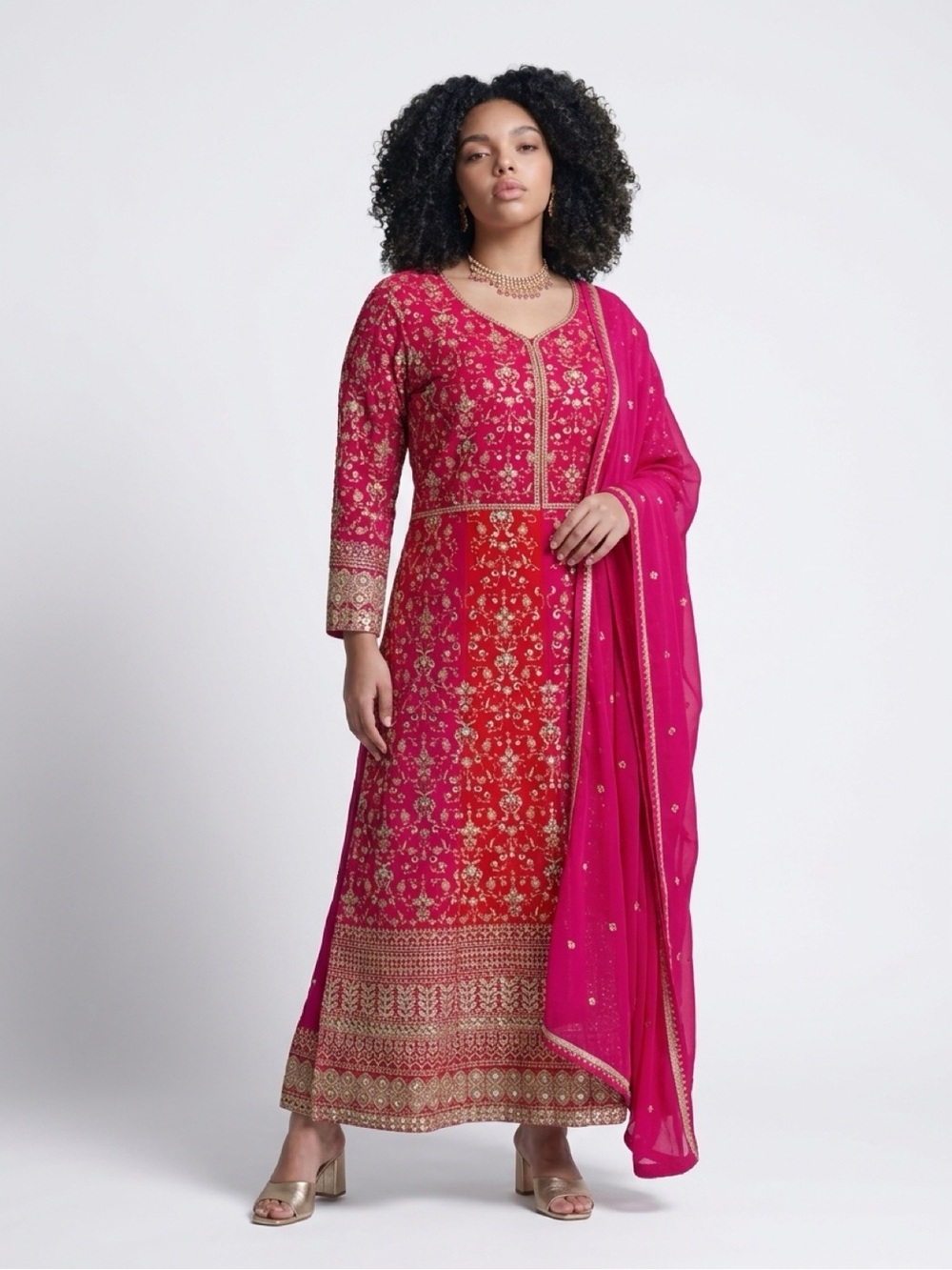 Embroidered Red and Fuchsia Formal Anarkali Gown with Gold Accents